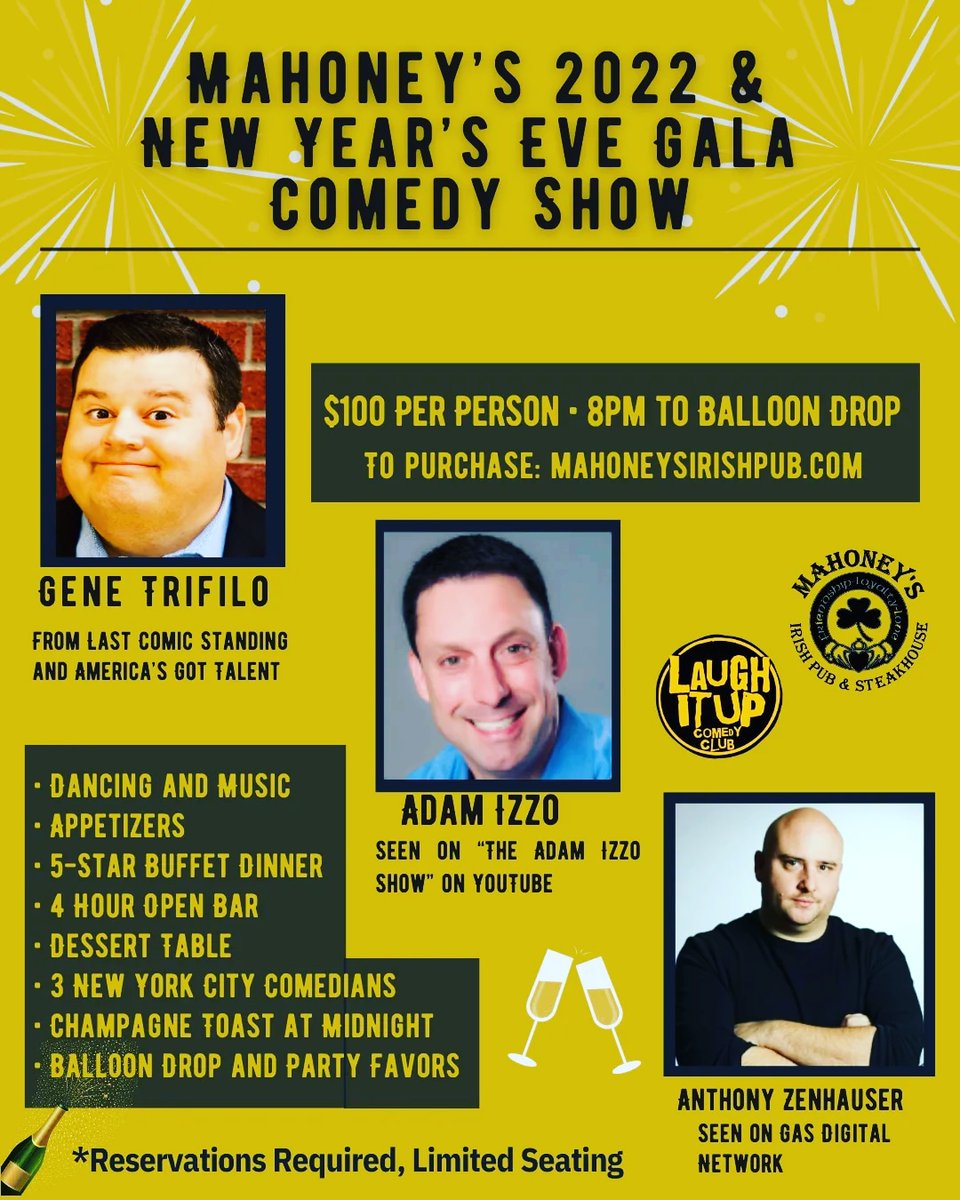 New Year's Eve!  It's going to be a night of food and fun!  Come out to <a href="/Laughitupcc/">LAUGH IT UP COMEDY CLUB</a> and ring in the New Year with comedy!  Great for groups or just a night out with you sweetheart!! Laughitupcomedy.com