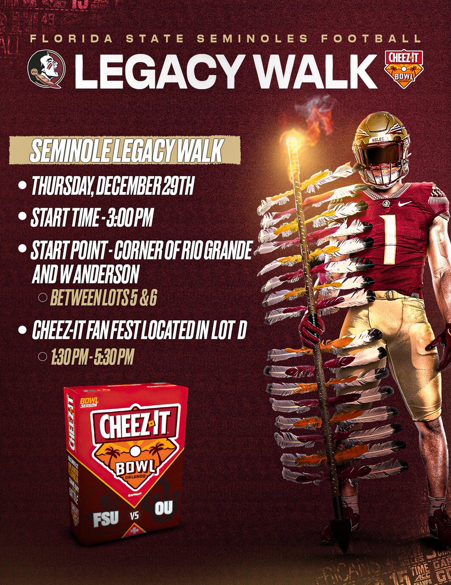 FSUFootball's tweet photo. We’re bringing the Legacy Walk to Orlando on Thursday!

Be there by 3pm to help welcome us to Camping World Stadium

#NoleFamily | #KeepCLIMBing https://t.co/w3C2jOuDBV