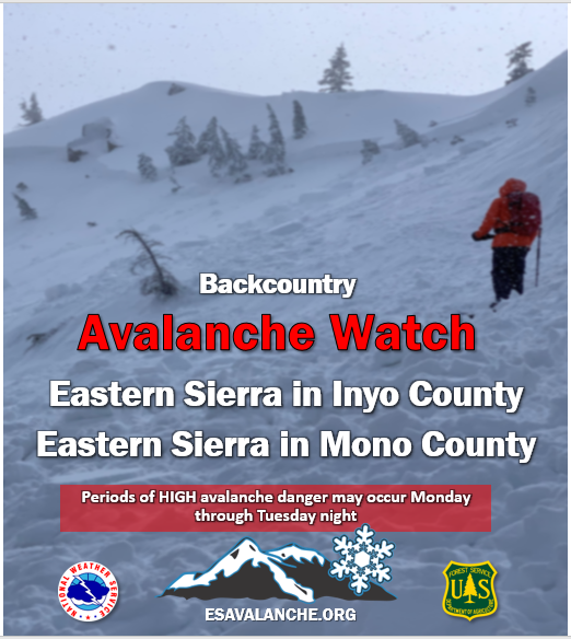 NWSReno's tweet photo. An Avalanche Watch has been issued for portions of the Sierra Nevada mountain range, including the Greater Lake Tahoe area. Time frames and areas are listed in the graphics, for more information go to https://t.co/I84u0tsp1v🏔️❄️ https://t.co/2uj0sVgq79