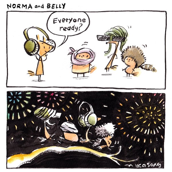 Pull up a branch and come watch the fireworks with Norma, Belly, and friends! 🐿️🐿️🎆🎇

🎨: <a href="/mikasongdraws/">Mika Song (mee-ka) she/her</a> 

SundayHaha.com