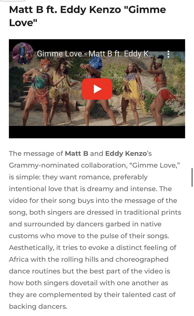 Wow! Thank you <a href="/OkayAfrica/">OkayAfrica</a> for listing ‘Gimme Love’ as one of the ‘15 Best Music Videos of 2022’ 🙏🏽 <a href="/eddykenzoficial/">Eddy Kenzo</a> let’s keep winning! S/o <a href="/phillyflyboy/">Phillyflyboy</a> for filming/directing this video &amp; <a href="/angelavbenson/">Angela V. Benson</a> for producing &amp; co-directing. 🏆 #GRAMMYNOMINATED #FYC