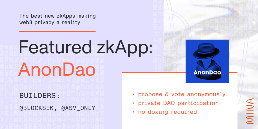 Featured zkApp: AnonDao

Want to vote privately with #ZKPs? AnonDao lets users create and vote on DAO proposals anonymously 🥷

Note: this zkApp is a WIP
