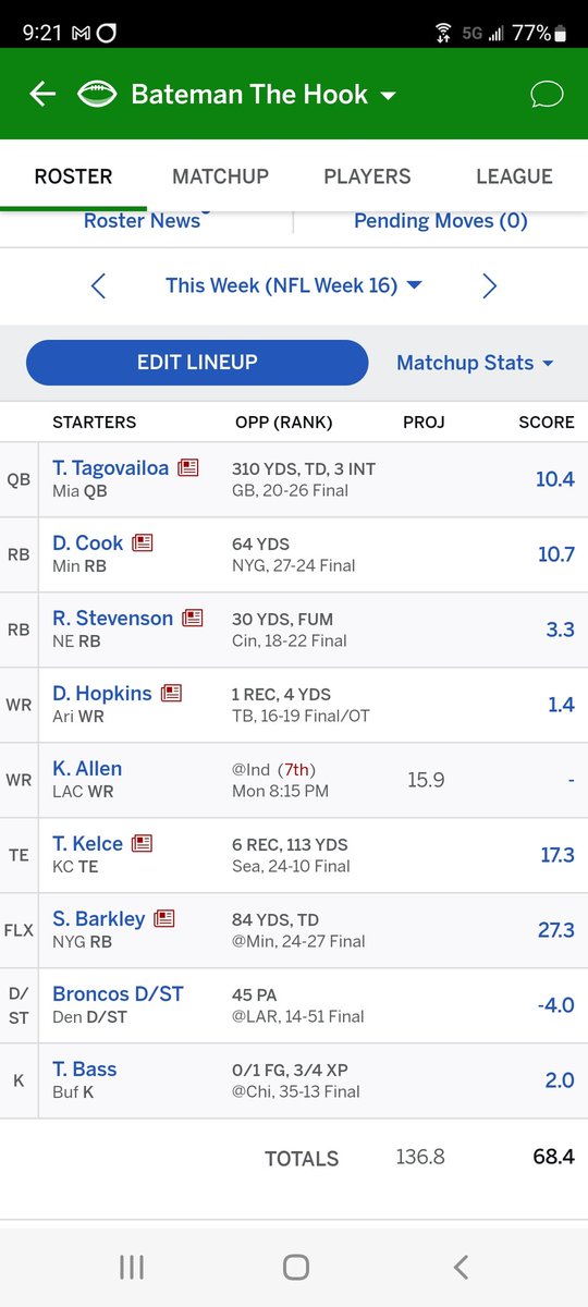 KeithHorbert's tweet photo. @NFLFantasy Disaster https://t.co/ikZ9bWdqJY