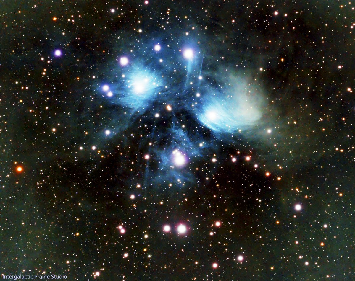 freedomfeens's tweet photo. I reprocessed the data I shot of The Pleiades (aka The Seven Sisters, Messier 45, Subaru). Here is with all stars, with some star reduction, annotated (and uncropped as shot), plus star location map. 
#astrophotography #CS2U https://t.co/YpwXu34n0m
