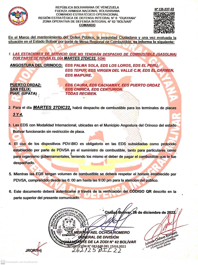 PDVSA_CySN's tweet photo. 📢⛽ Éste Martes #27dicembre las Estaciones de Servicio del Estado Bolívar bajo la modalidad internacional atenderán vehículos con terminal de placa 3 y 4.
#Combustibles #pdvsaenvictoria https://t.co/nOadTHZW0E
