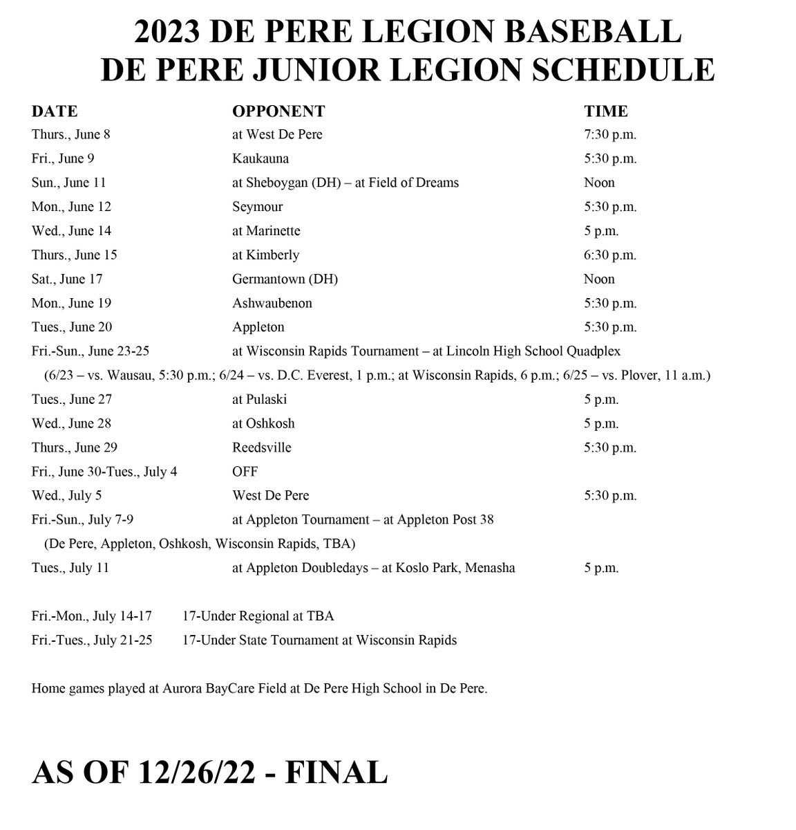 De Pere Legion Baseball on Twitter "The 2023 De Pere Junior Legion