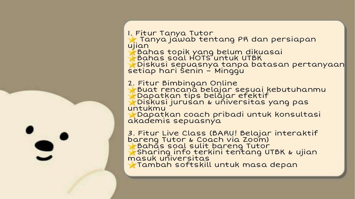 njjaembv's tweet photo. ✨SHARING QUIPPER 1 TAHUN✨
Fitur :
🌟Akses Ribuan Video Animasi SMA + SNBT
🌟Akses fitur Pegasus
🌟Akses Rangkuman, Flashcard dan Latihan Soal
HARGA HANYA💫100k, boleh tanya dulu ya
jual bimbel online
#zonauang #zonajajan #AMBISVERSE #ambistwt #snbt #quipper https://t.co/W71NQ8zZld