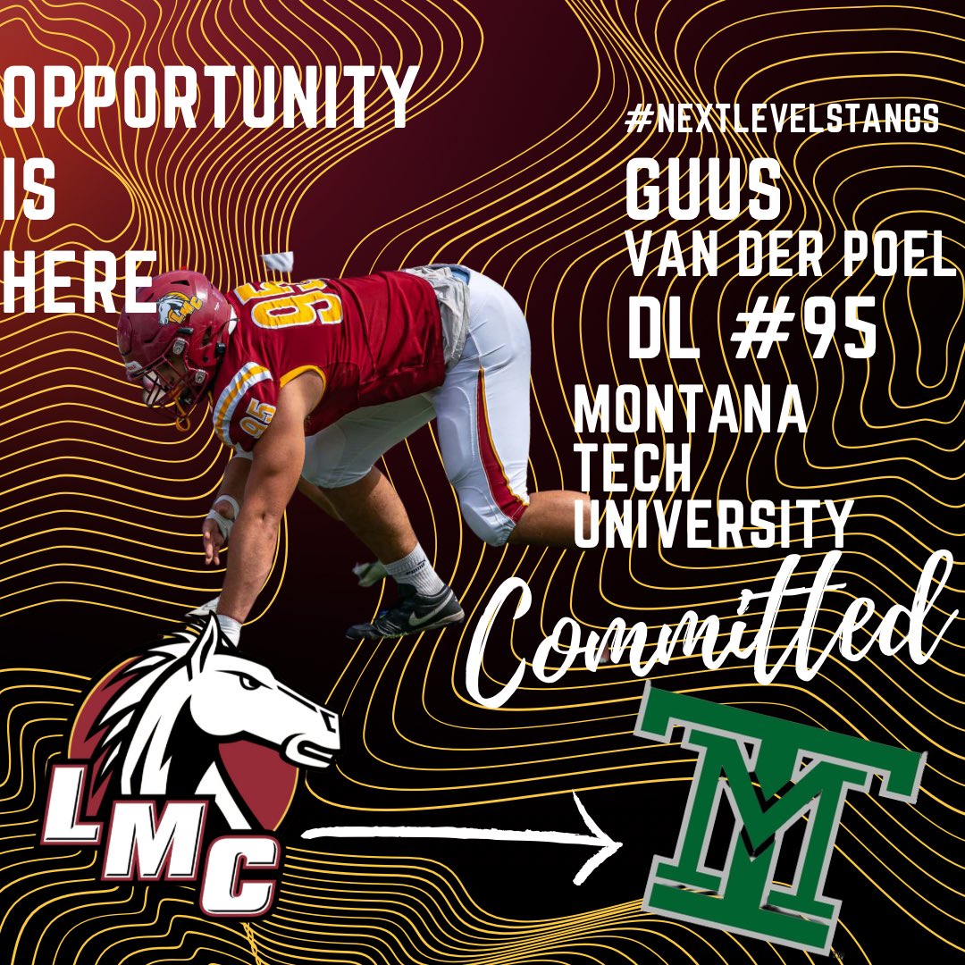 LMCmustangs's tweet photo. Congratulations to Sophomore Defensive Lineman Guus Van Der Poel (@GuusvanderPoel) on his commitment to Montana Tech University! Guus is the  example of what being a Mustang means and we’re thrilled to watch him keep playing at a 4-Year University!

#OpportunityIsHere #StangGang https://t.co/xDUiSHSGC3