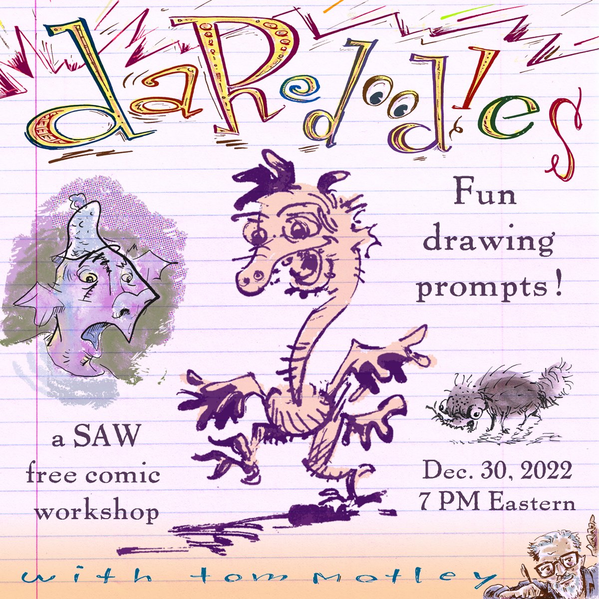 mot_motley's tweet photo. Join us this Friday evening for a free Daredoodling session through the Sequential Artists Workshop's Friday Night Comics series. Learn about my upcoming SVA classes. https://t.co/i5lpV5Pib0
#sequentialartistsworkshop #daredoodles #doodling https://t.co/AowmKAwWzK
