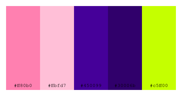 ColPaletteBot's tweet photo. Beep beep, here's a pretty color palette for you!
color-scheme.js parameters used:
- hue: 137
- variation: default
- colors: #ff80b0, #ffbfd7, #450099, #30006b, #c5ff00
Have a lovely evening!
#twitterbot #colorpalette #colors #palette #prettycolors https://t.co/El9CDwn20z