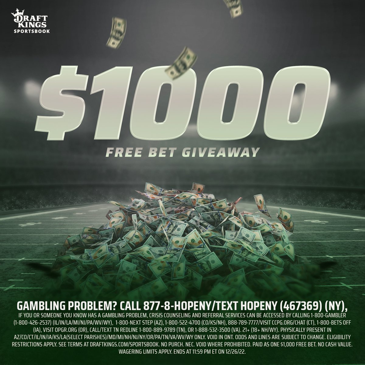 DKSportsbook's tweet image. Our Week 16 #DraftKingsMNF $1000 free bet giveaway is live!

Follow these steps to enter for a chance to win: 

1. RT this post
2. Follow us
3. Pick the winner of tonight's game with #DraftKingsMNF

Rules: bit.ly/3I3lxV3