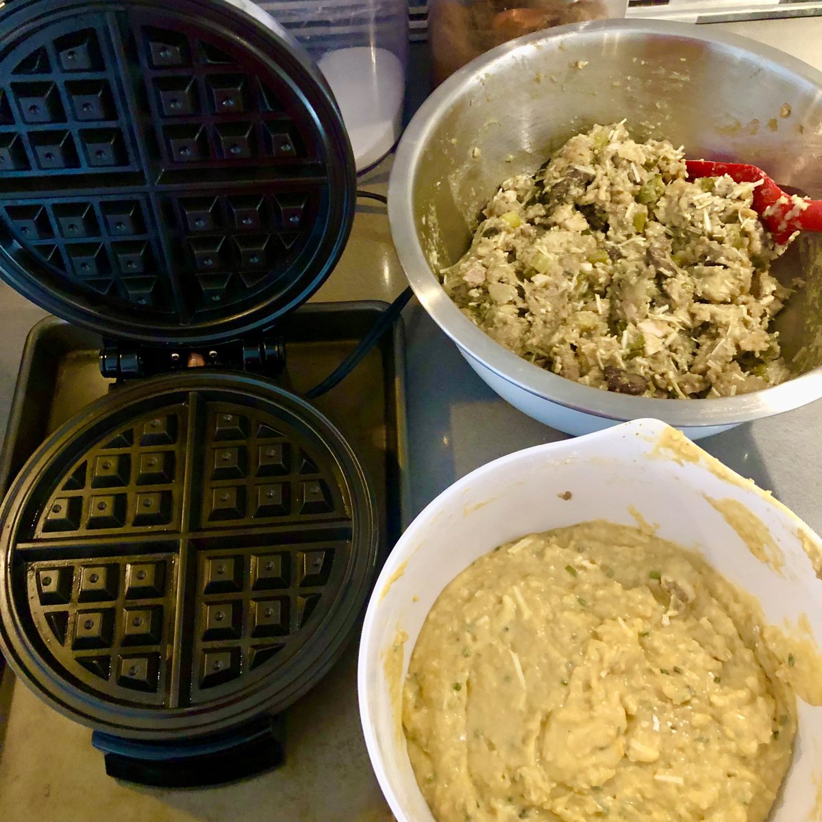 DCMichaelA's tweet photo. We mastered stuffing waffles 🧇 previously. Today we added cheesy mashed potato waffles 🧇 to the mix. 1/2 waffle of each, w fried eggs 🍳 & bacon 🥓. It’s a bountiful leftover brunch! #ThrowItAllIn 🤣#NapTime 😴 https://t.co/O8Aft0Oj3d