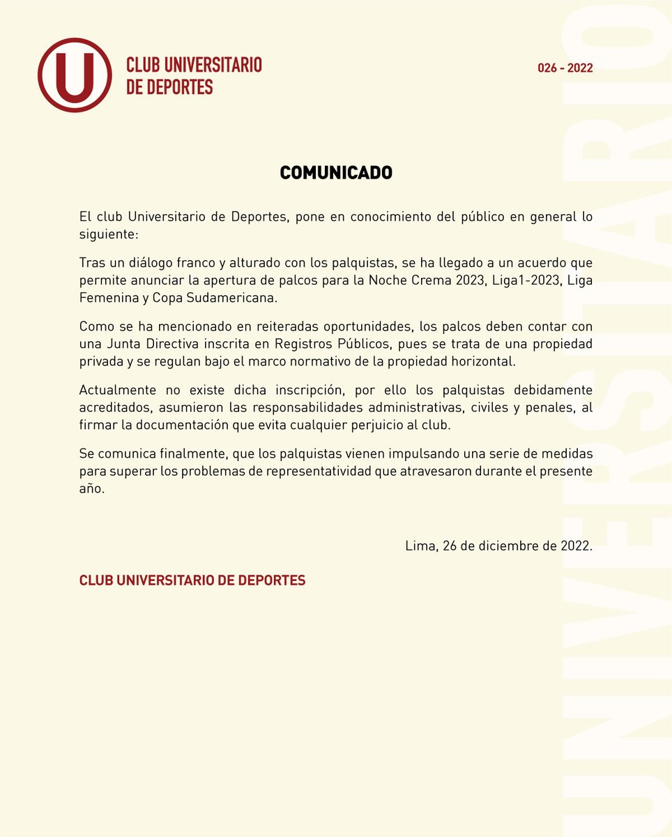 Universitario's tweet photo. 📄 Comunicado a la opinión pública sobre el uso de palcos del Estadio Monumental. https://t.co/QAs5H1nwvi