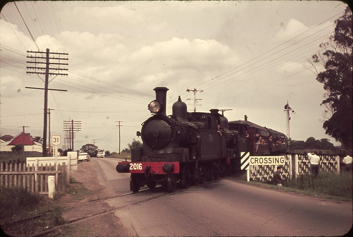 eric_riddler's tweet photo. #FoundSlideHoliday #CamdenLine Locomotive 2016 leads a crowded train across the Hume Highway at Narellan, heading for Camden, Tharawal country, December 1962 (photo by unknown Australian Railway Historical Society member) 7/8 https://t.co/zrtNt0UxDP