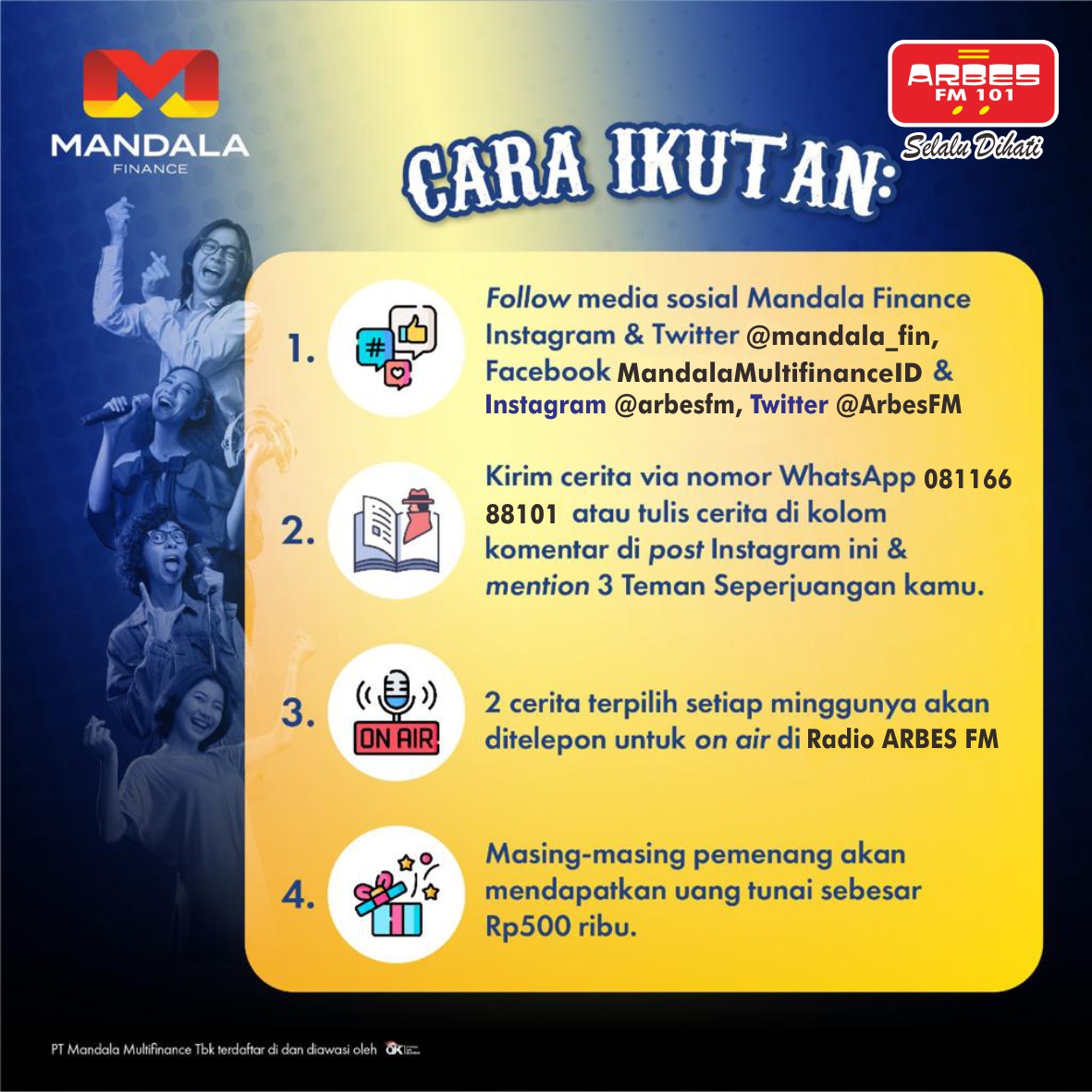 Tahun baru dapat 500 ribu ....
Mandala Finance #TemanSeperjuangan
Indonesina, ada hadiah utk 10 curhatan kamu yg paling menarik.
• Follow <a href="/mandala_fin/">Mandala</a> di IG &amp; Twitter dan MandalaMultifinanceID di FB
• Kirim ceritanya ke WA 08116688101 tgl. 26/12/2022 - 27/01/2023 ditunggu ya ..