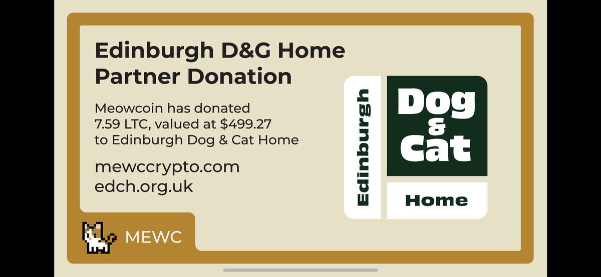 MeowcoinProject's tweet photo. We are pleased to announce we have sent this weeks donation to @EdinDogCatHome 

We have sent over $500 in $LTC. 

This money will go to animals in need. Which is especially important this time of year. 

Thanks for @EdinDogCatHome and thanks to everyone who makes this possible. https://t.co/gJfcpbihsa
