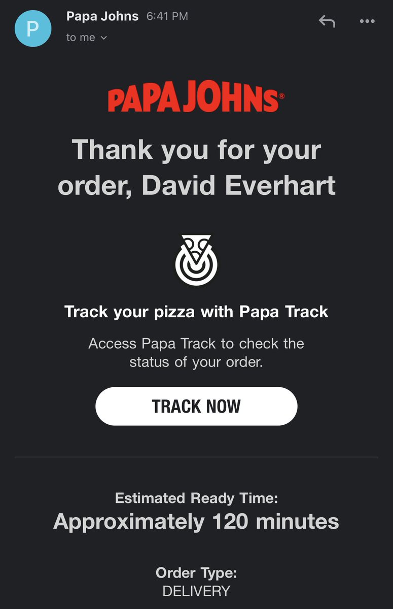 DaveEverhart's tweet photo. @PapaJohns Your pizza is good, but fix your damn app. There no reason to not warn me of an estimated 2 hour delivery time before I pay. Now I had to waste my time and your store’s time by calling to cancel so I can order from @dominos with a 34 minute delivery time listed in app. https://t.co/EaewME9PyR