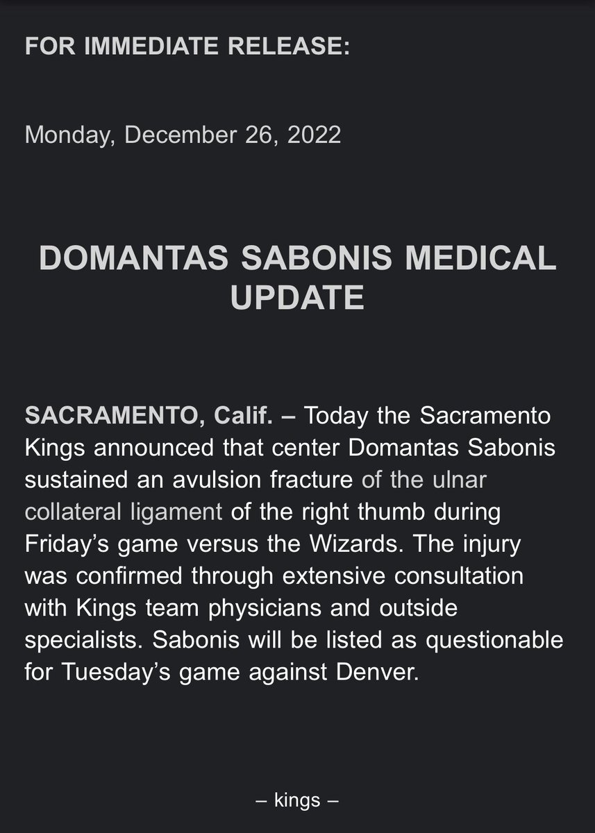 Domantas Sabonis injury update: avulsion fracture of thumb / News