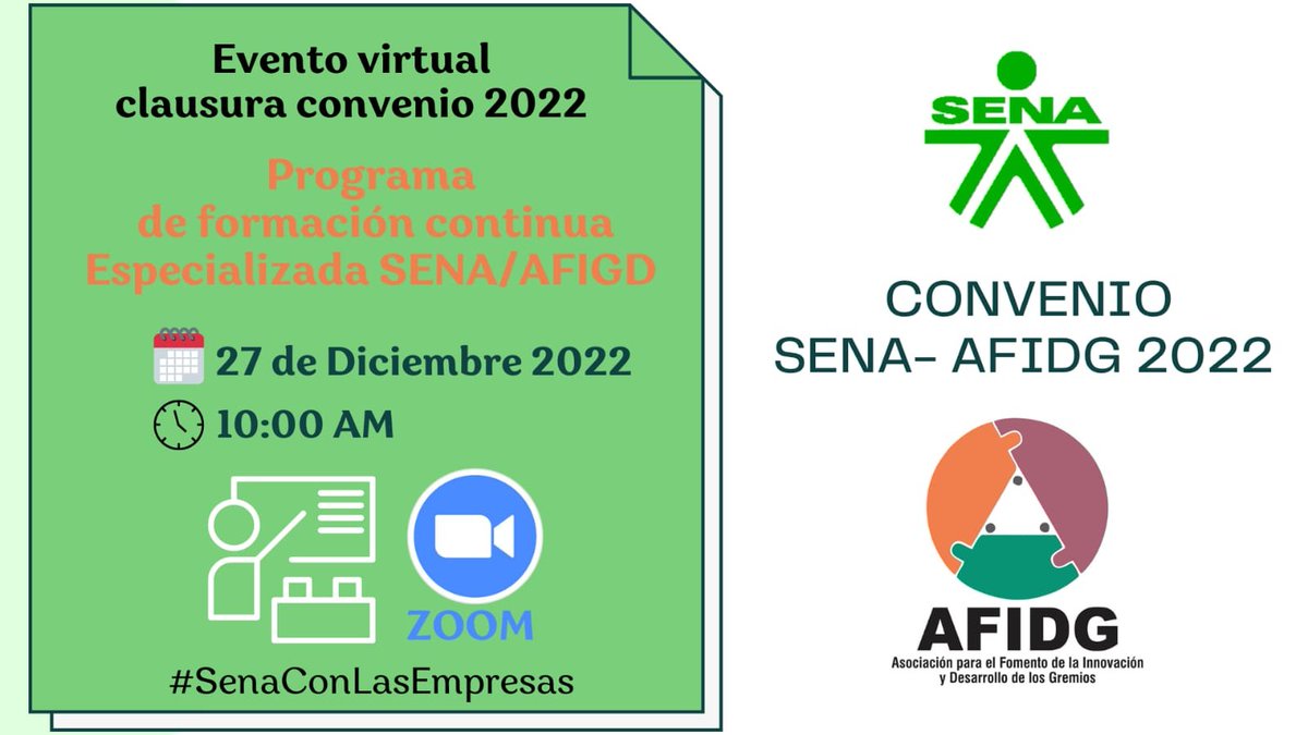 holdingafidg's tweet photo. Y así culminamos nuestro convenio de educación continua especializada 2022 #SENA y #AFIDG.
Evento de cierre:🗓️Martes 27 de diciembre⏰10:00am
Unirse a:
https://t.co/B18OS5G73a
ID de reunión: 793 4962 4719
Código de acceso: 74gwT8 #SenaComunica #SENAConLasEmpresas @RusbyVargas https://t.co/tGCgp92wek