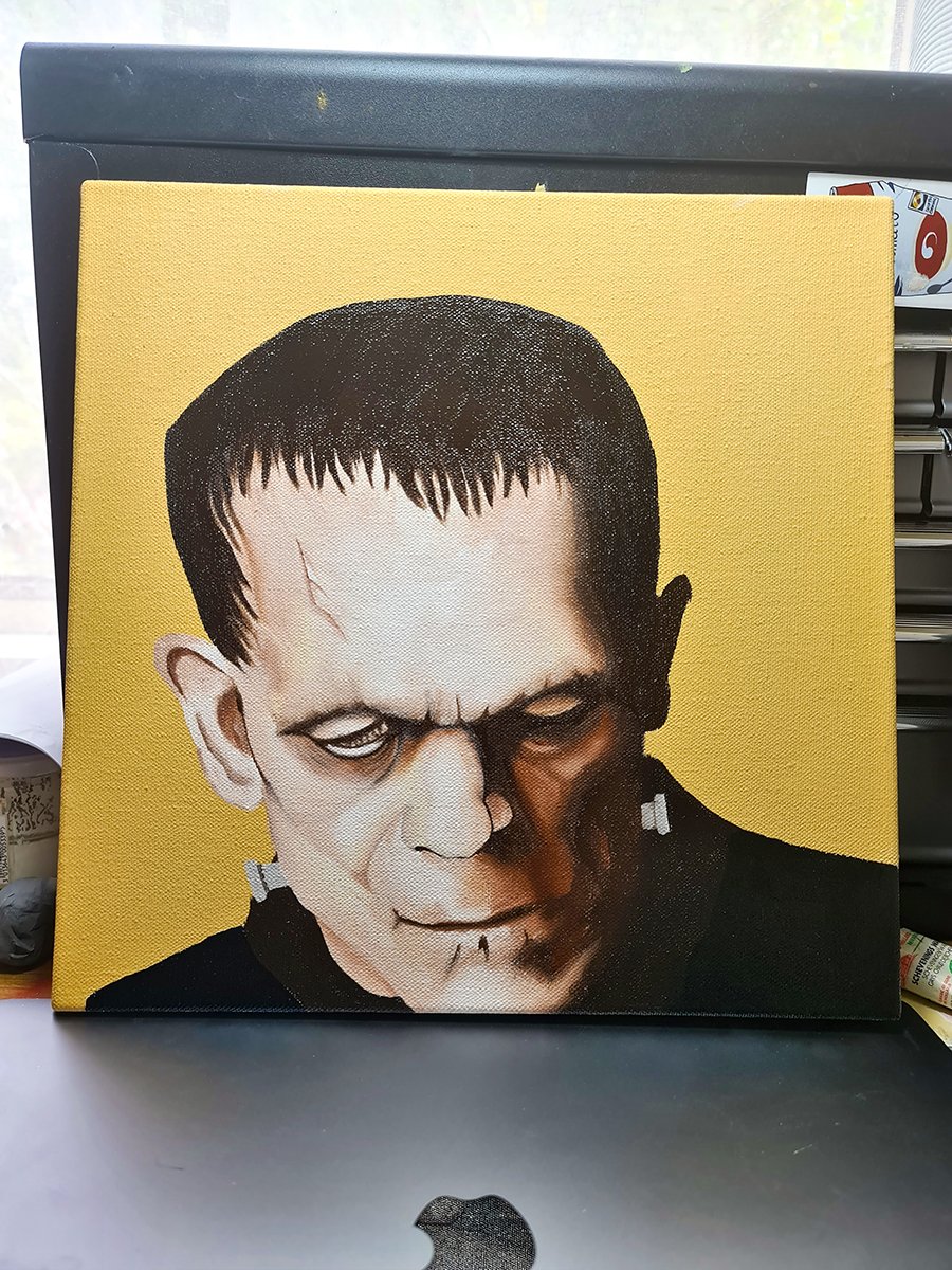 A new piece I've just (almost) finished. It's part of a small series I'm doing in which I attempt to humanise classical 'monsters'. But also it's an exercise for me in relation to developing my skills as a portrait/figurative painter. 'Frankenstein's man' 🙏