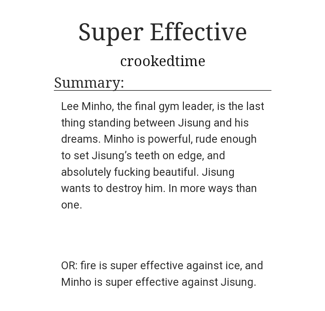 _crookedtime_'s tweet photo. ✨ NEW FIC ✨ Super Effective
- 1/1 complete, 41k words
- m!nsvng 💞
- p0kem0n au
- rated E 🔥
https://t.co/MXDOTw0qt3 https://t.co/13Zp4YekqQ