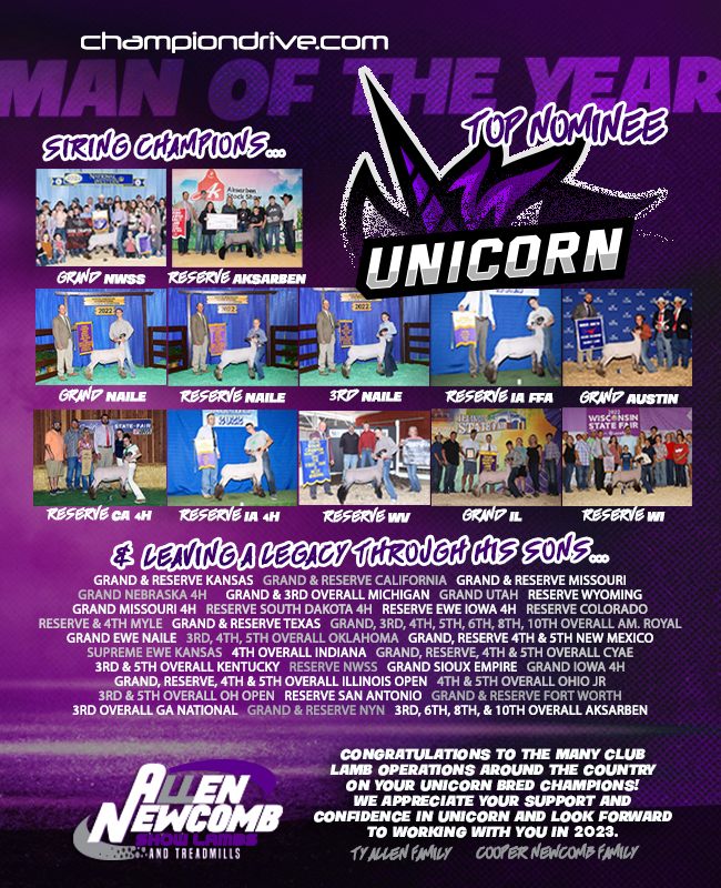 Unicorn - Bred and Owned by Allen/Newcomb - a top nominee for Man of the Year. Vote at championdrive.com