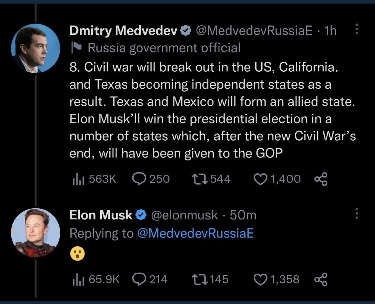 krassenstein's tweet image. Elon Musk just amplified a corrupt Russian former president and likely war criminal, Dmitry Medvedev. 

Musk literally called this thread where Medvedev predicted “US Civil War” in 2023, “EPIC”. 

Are you freaking kidding me?  Retweet your opinion to @elonmusk