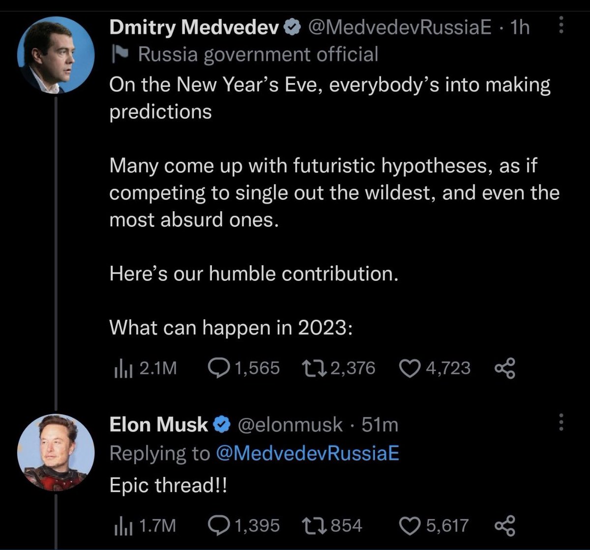 krassenstein's tweet image. Elon Musk just amplified a corrupt Russian former president and likely war criminal, Dmitry Medvedev. 

Musk literally called this thread where Medvedev predicted “US Civil War” in 2023, “EPIC”. 

Are you freaking kidding me?  Retweet your opinion to @elonmusk
