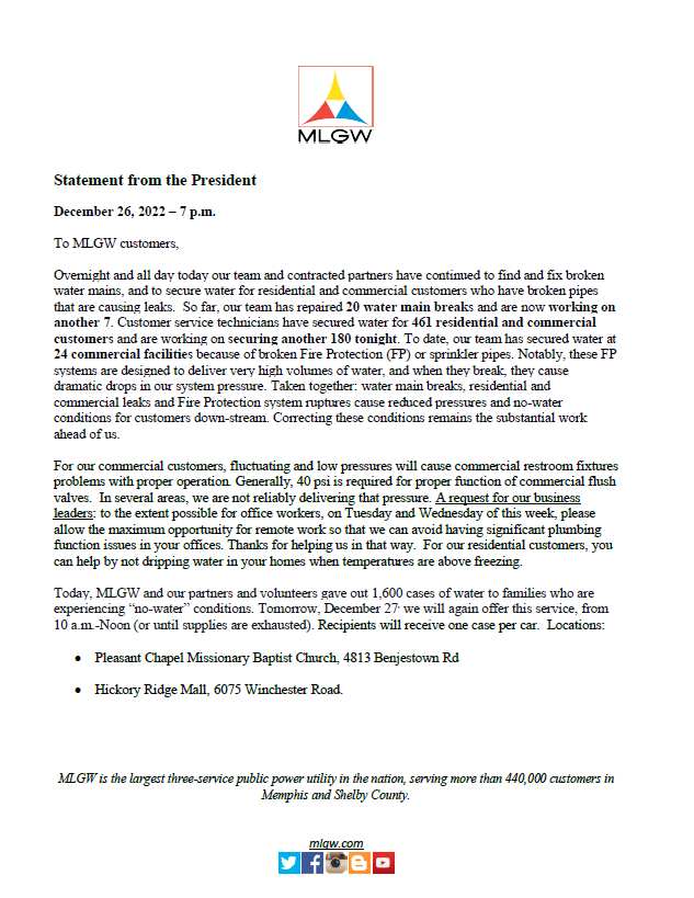 MLGW's tweet photo. MLGW's President &amp; CEO issues an update on water restoration efforts in an letter to all utility customers. #MLGW #MLGWNews #ServingYouIsWhatWeDo https://t.co/QQcUku7XL2