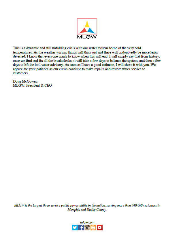 MLGW's tweet photo. MLGW's President &amp; CEO issues an update on water restoration efforts in an letter to all utility customers. #MLGW #MLGWNews #ServingYouIsWhatWeDo https://t.co/QQcUku7XL2