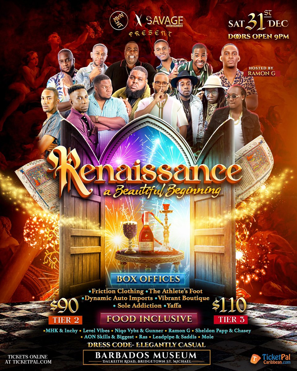 RenaissanceNYE's tweet photo. The scene is set and the action awaits you! 

Renaissance is ready to bring a beautiful beginning to your new year on December 31st 9PM at the Barbados Museum 🗓️

A star cast of entertainment, premium drinks, and delicious food 💥

Grab your tickets from our selected box offices https://t.co/3byiG65Iu5