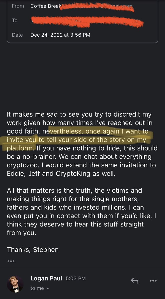 Logan “invited me on his show” but didn’t include the email 24 hrs before this where I invited him first onto my show, along with Eddie, CryptoKing, and Jeff.🥱

Im happy to fly Logan down or livestream it but I’m not flying to his CryptoZoo tax haven on new years lol