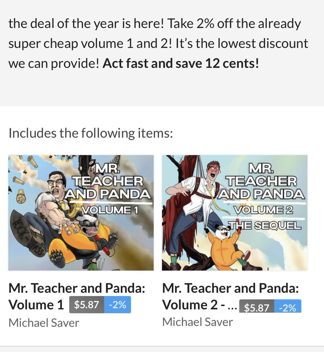 MichaelASaver's tweet photo. Suddenly have a slightly higher amount of disposable income after Christmas? Consider wasting it on these dumb panda comics  2% off for a limited time only - what a steal -  Link below! 
#indiecomics #ComicArt #comicbook #itchio #sale #pandas https://t.co/NdsNk7qnPp