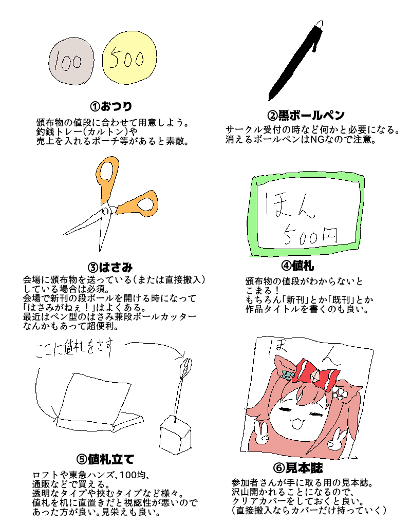 コミケが近いので、サークル参加の時必要なアイテムを再掲!
2枚目までは必須級。
3枚目からは継続して参加するならあると良いやつだよ❤
あとサークルチケットを忘れるな。もう一度言うぞ、サークルチケットを忘れるな。絶対にサークr 