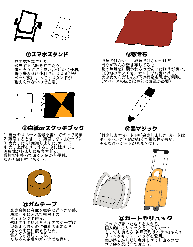 コミケが近いので、サークル参加の時必要なアイテムを再掲!
2枚目までは必須級。
3枚目からは継続して参加するならあると良いやつだよ❤
あとサークルチケットを忘れるな。もう一度言うぞ、サークルチケットを忘れるな。絶対にサークr 