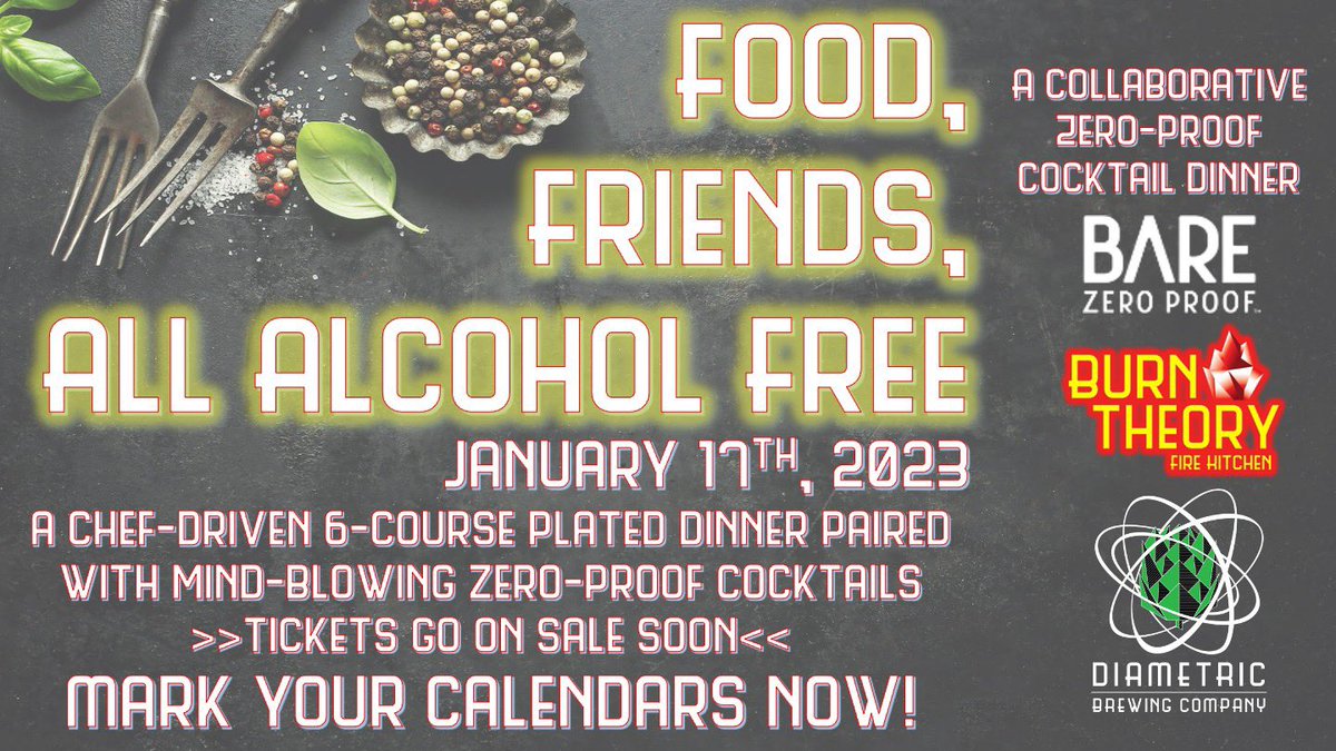 You won't want to miss this dinner!
🗓🖊
Because we want to make this a full experience, there will be zero alcohol.
<a href="/BAREZeroProof/">BARE Zero Proof Spirits</a> 
<a href="/BreakthruMO/">Breakthru Beverage Missouri</a>
