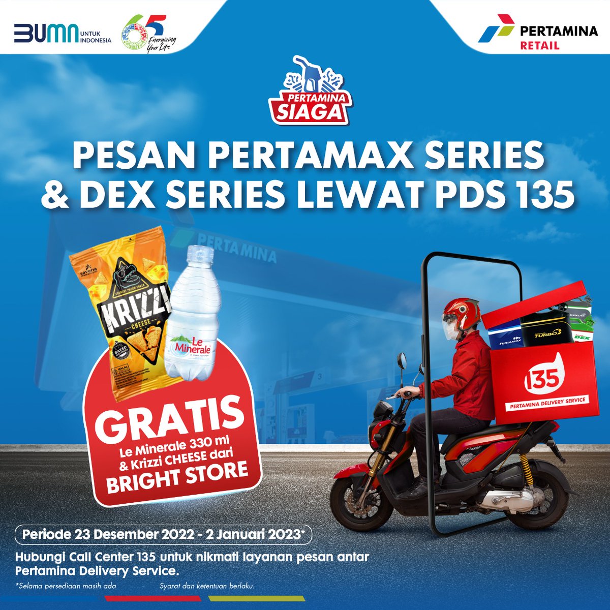 Mau liburan nyaman tanpa takut kehabisan BBM di jalan?
Layanan Pertamina Delivery Service dari aplikasi MyPertamina dong pastinya cukup tunggu seeeeet BBM mu sampai ditempat mu.

Ada promo GRATIS Air Mineral dan Cemilan dari Bright Store

#PertaminaRetail 
#BrightStore