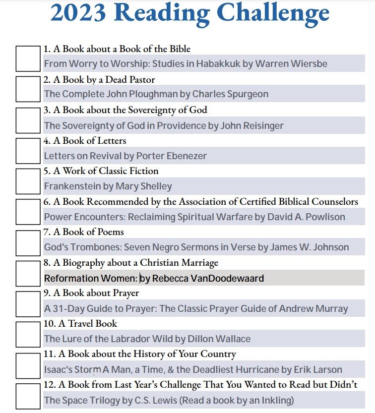 elizabethprata's tweet photo. #G3reads here are my choices for the 2023 Reading Challenge. Can't wait to start! https://t.co/UHrqgR8Ckt