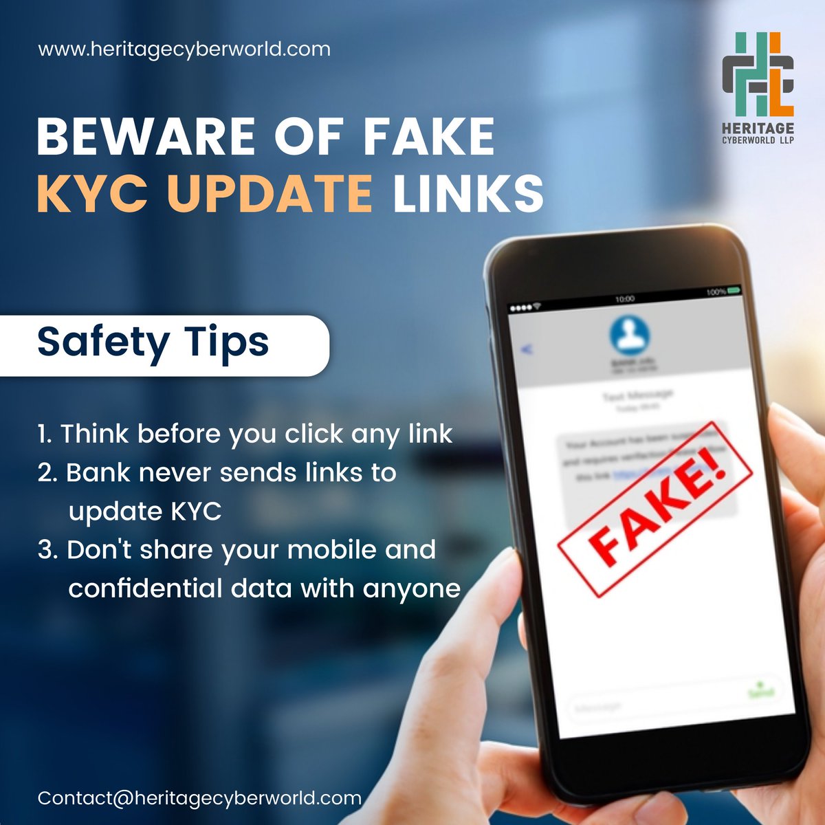 KYC fraud is real, and it has increased across the country. The fraudster sends a text message pretending to be a bank/company representative to get your personal details. 

#cybersecurity #heritagecyberworld #cyberworld #cybersecurity  #fraudsters #upadtelinks #safetytips