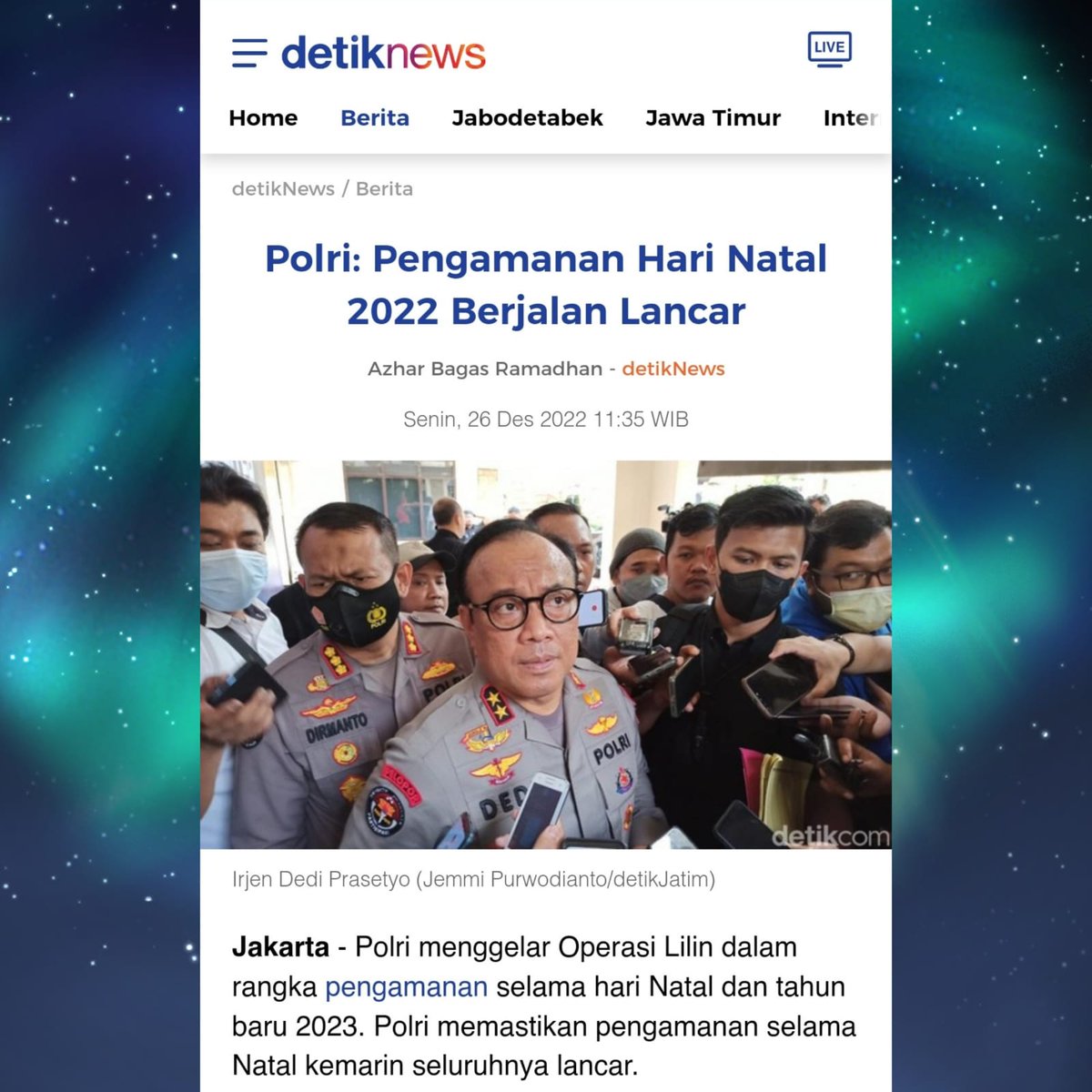 wanpcy32's tweet photo. Kapolri bersama Panglima TNI meninjau langsung ke beberapa lokasi Gereja tempat berlangsungnya ibadah natal untuk memastikan pengamanan berjalan dengan baik sebagai wujud
#Tulus Melayani
Bekerja Layani Rakyat https://t.co/3NNzJwSPO2