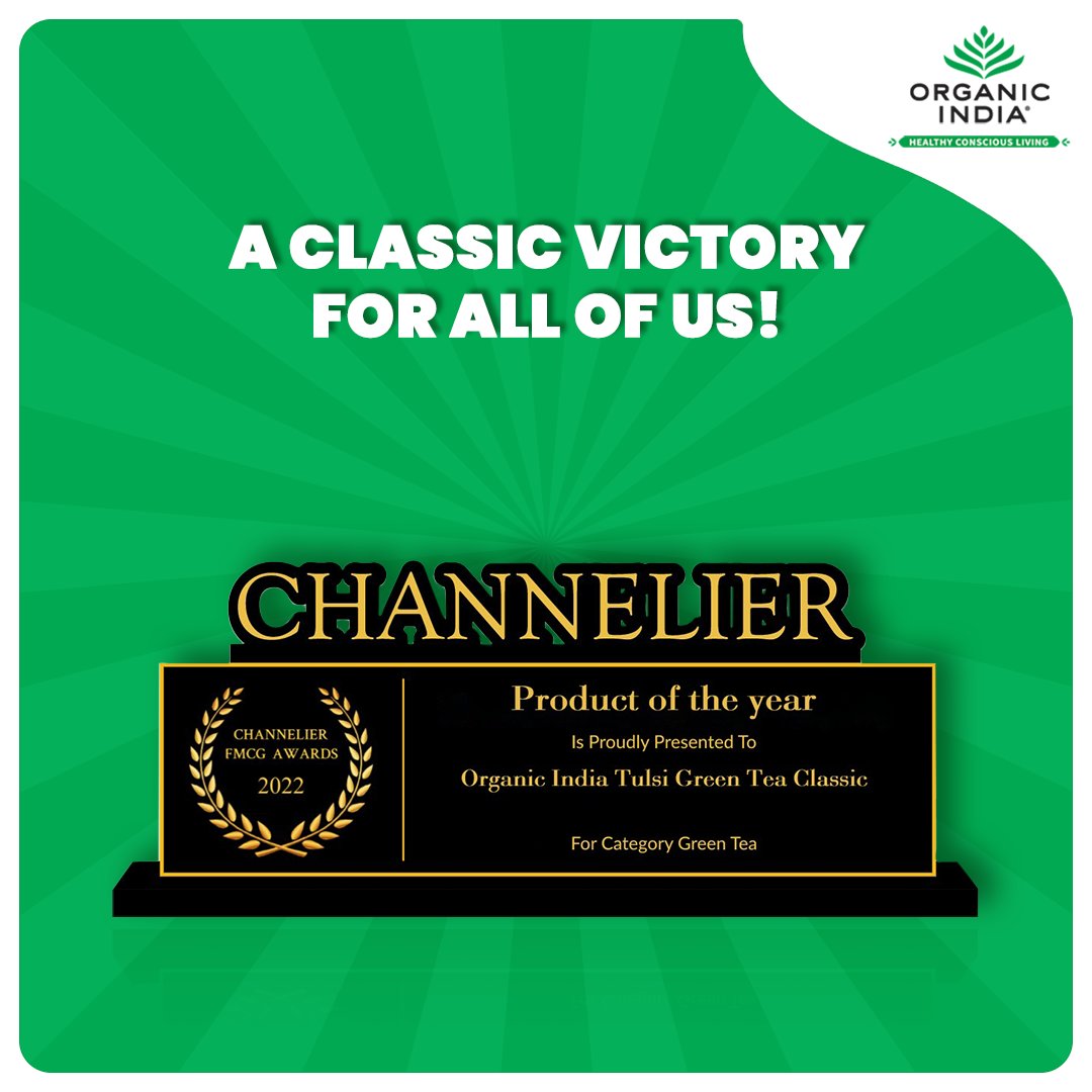 OrganicIndia's tweet photo. Ending 2022 on a high note. Channelier awarded  our Tulsi Green Tea Classic product of the year in the green tea category. Try it today to experience the magic that happens when Tulsi meets Green Tea. #BetterWithTulsi #TulsiGreenTea #OrganicTea https://t.co/ZQgzznq2DO