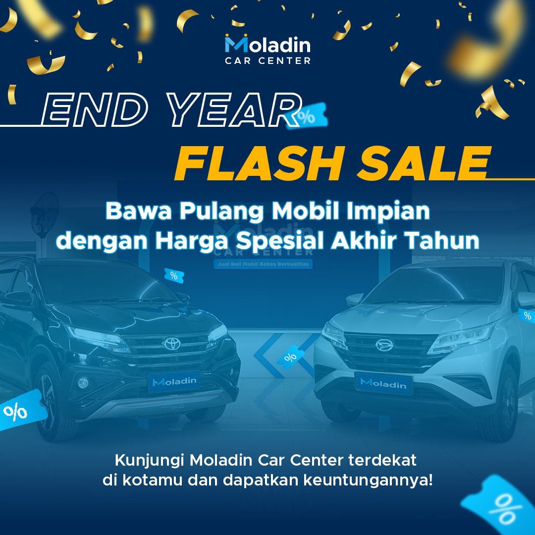 moladinID's tweet photo. Ada yang spesial nih untuk kamu yang ingin menyambut tahun baru dengan mobil baru. Moladin Car Center memberikan diskon End Year Flash Sale supaya kamu bisa bawa pulang mobil impianmu dengan harga spesial. https://t.co/mA8b5Ec5SZ