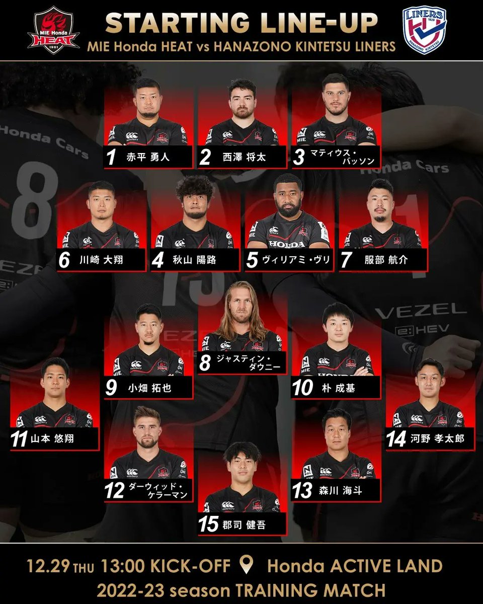 hondaheat's tweet photo. 🔥練習試合メンバー発表📣
🆚 花園近鉄ライナーズ
🗓2022年12月29日(木)　13時00分キックオフ
　受付開始：12時00分～13時40分頃（試合の前半終了まで）
🏟Hondaアクティブランド　（三重県鈴鹿市）
🎫入場無料、事前募集制（グラウンド前にて受付を行います）
熱い応援よろしくお願いします🔥🔥 https://t.co/FpnjoEgVHn