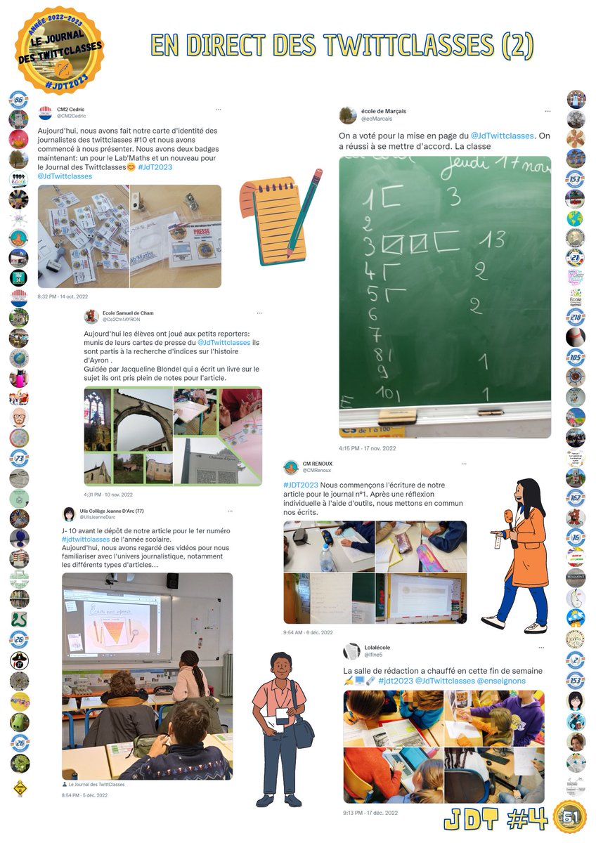 Pour ce 1er numéro de l'année, le 4e depuis sa création, 70 classes sont inscrites au projet du Journal des TwittClasses. #JdT2023🗞️
En attendant la publication le mardi 3 janvier prochain, découvrez 2 pages intérieures du journal avec des tweets des classes participantes ! ✍️