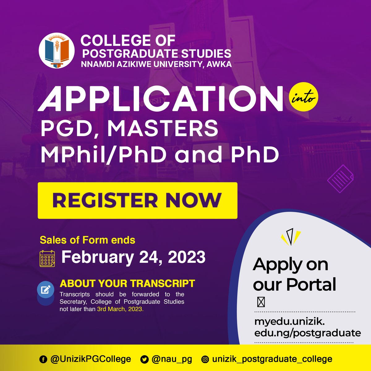 Sale of forms ongoing, apply on our portal, see flier for details.