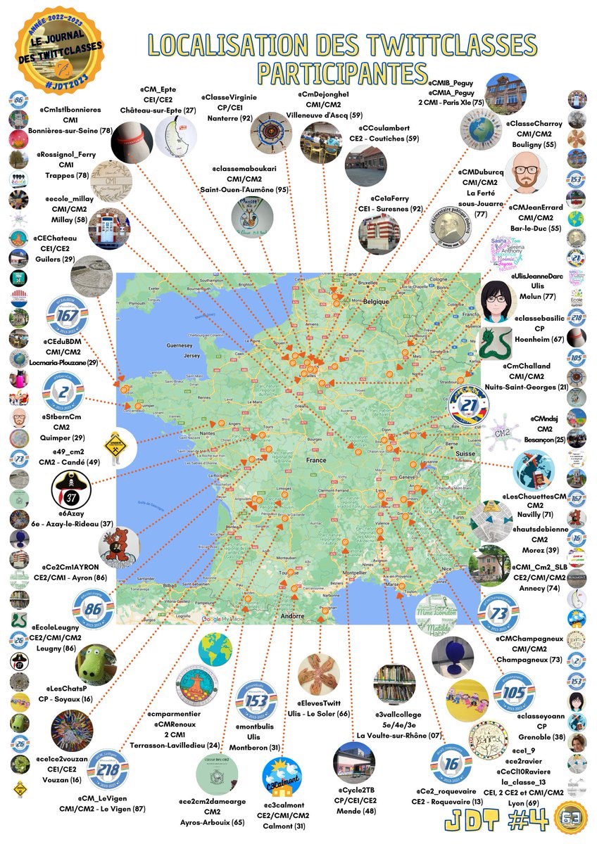 Pour ce 1er numéro de l'année, le 4e depuis sa création, 53 classes ont participé avec un article pour le Journal des TwittClasses. #JdT2023🗞️
En attendant la publication le mardi 3 janvier, découvrez la localisation des TwittClasses participantes grâce à ces 2 cartes ! 🌍🔍