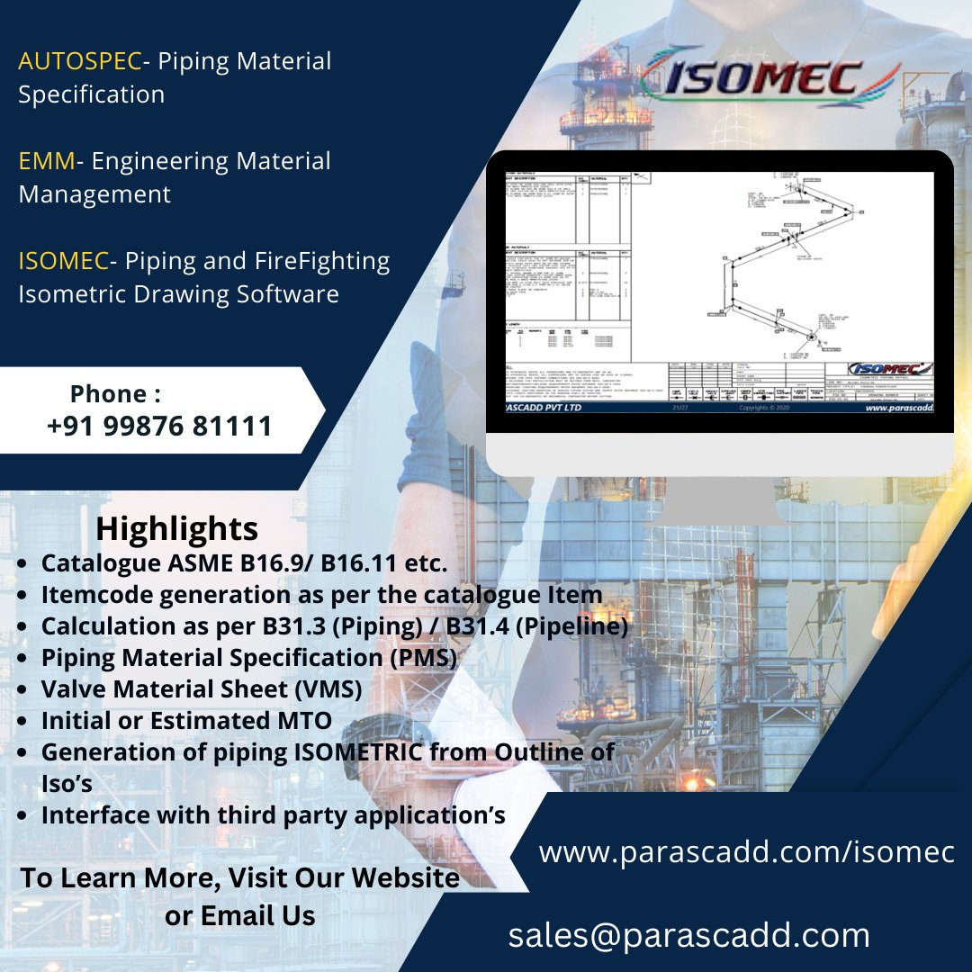 ParascaddPvtLtd's tweet image. AUTOSPEC- #PipingMaterial Specification
EMM- #EngineeringMaterial Management
ISOMEC- #Piping and FireFighting #IsometricDrawingSoftware

For More Details Visit:-
parascadd.com/products/epcpr…

For more products visit:-
parascadd.com/products/