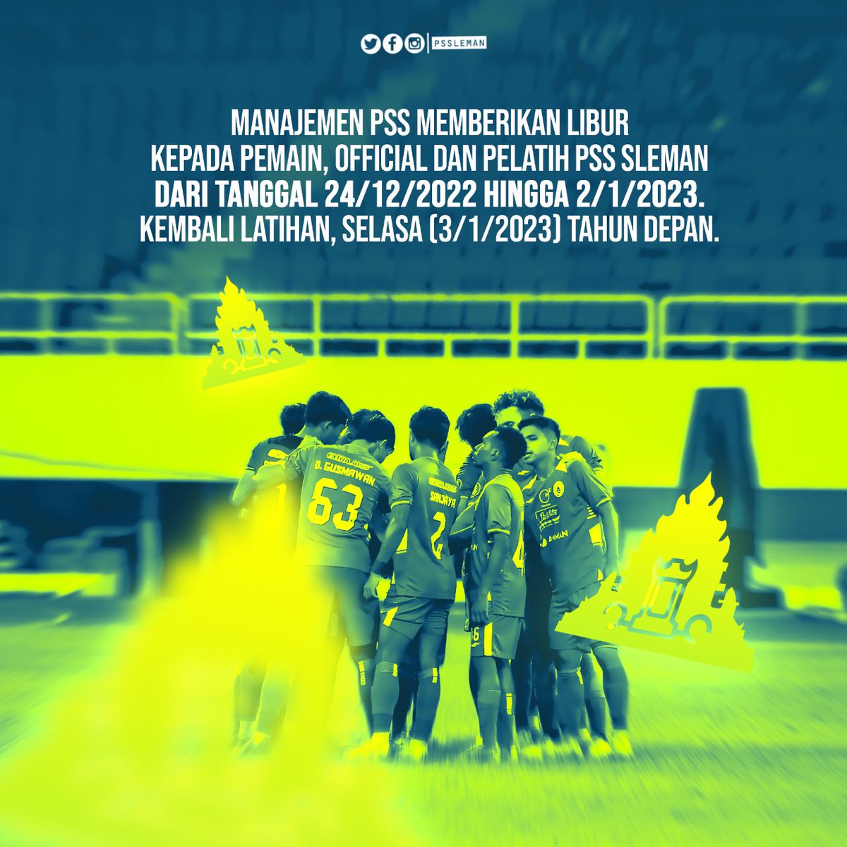 PSSleman's tweet photo. Memasuki jeda paruh pertama, seluruh pemain, official, dan tim pelatih diliburkan.

Selengkapnya: https://t.co/q25WbyOd7d

#PSS #UnityForOurGlory https://t.co/Y82cAQkgfq