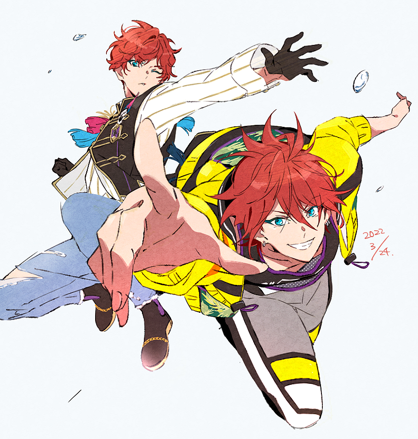 male focus red hair pants 1boy gloves yellow jacket smile  illustration images