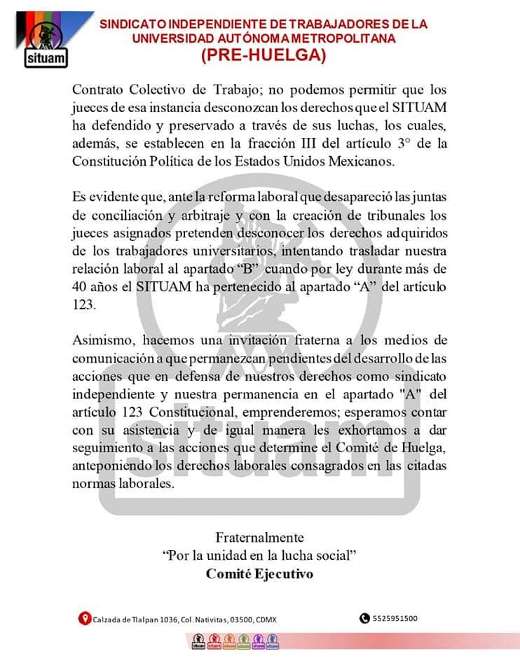 Comunicado del SITUAM ante el rechazo de su emplazamiento a huelga y el intento de mandarlos al apartado "B".